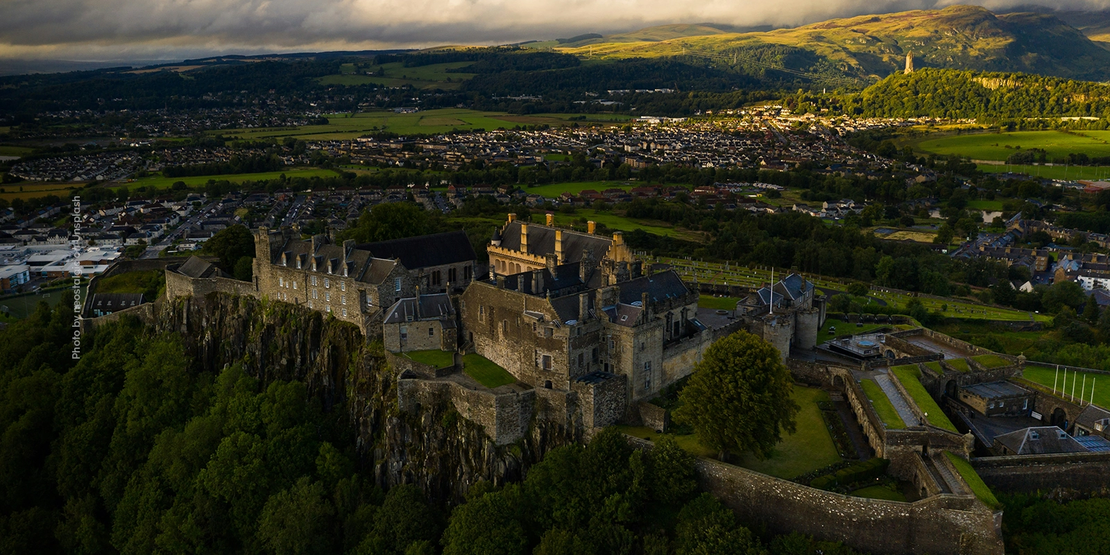 An atmospheric aerial view across Stirling, Scotland.