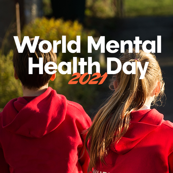 World Mental health day super imposed on to a boy and girl looking away from camera