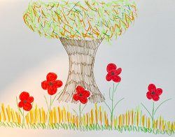 Poppies by a large leafy tree, by Caitlin age 11