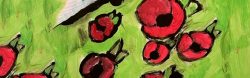 A child's painting of poppies at a war memorial