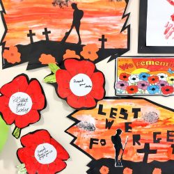 Raigmore Primary School remembrance wall close up on poppies with messages about respect