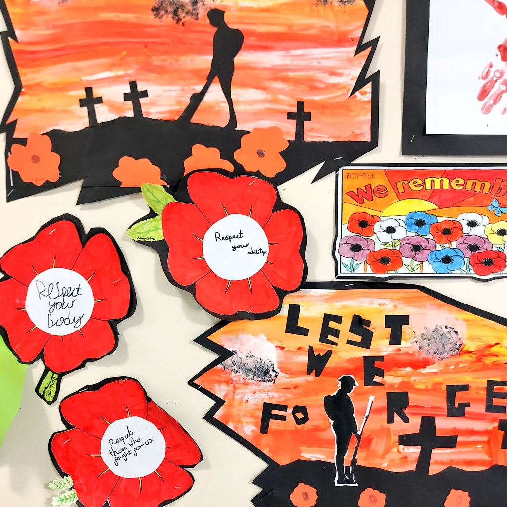 Raigmore Primary School remembrance wall close up on poppies with messages about respect