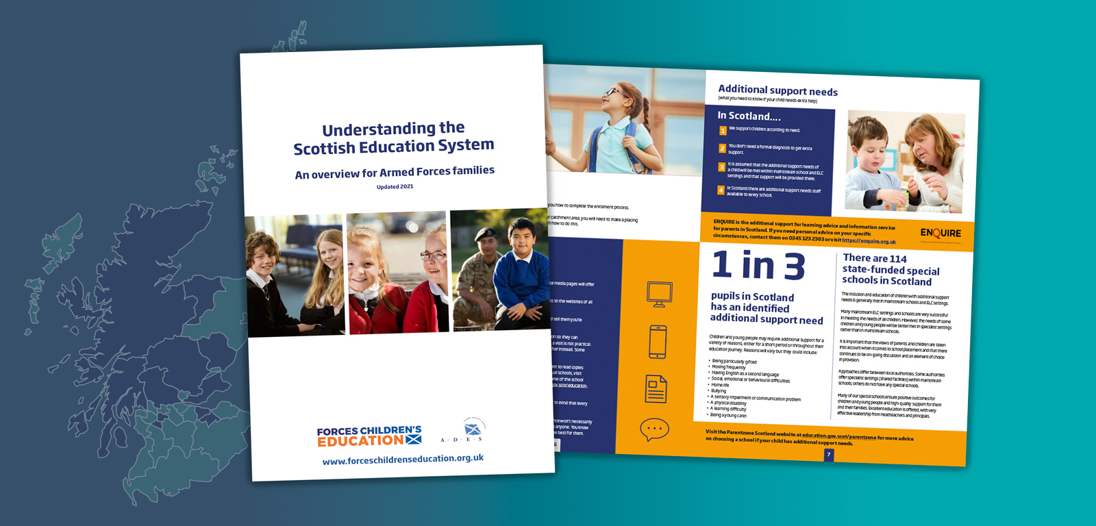 A graphic showing the cover and an inside page of the Understanding Scottish Education System guide