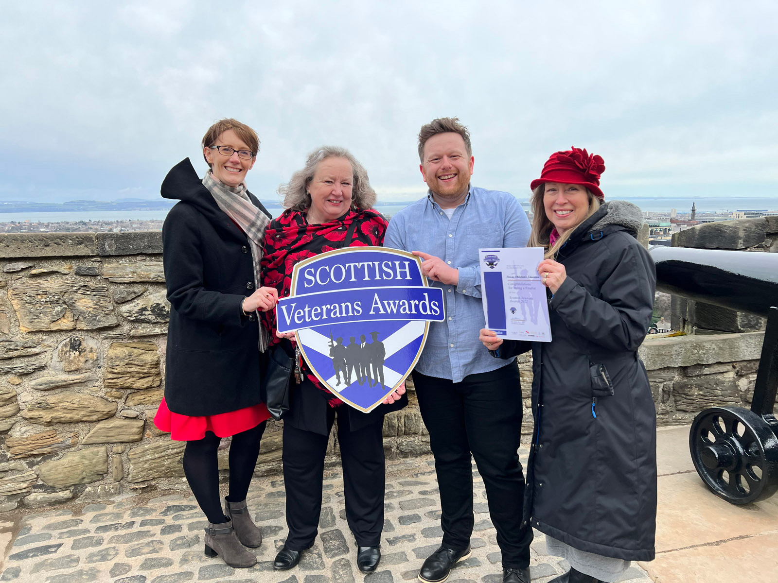 The FCE website team at Edinburgh Castle to pick up their finalist certificate