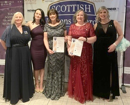 Five of the winners in their evening gowns showing off their certificates