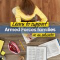 Young girl doing homework at a table pictured from above with the words Learn to support Armed Forces Families as an educator super imposed on top