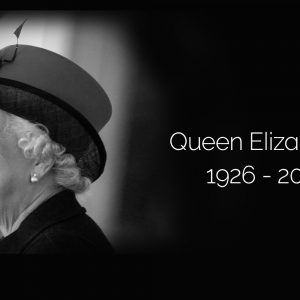 A black and white portrait of Her Majesty Queen Elizabeth II