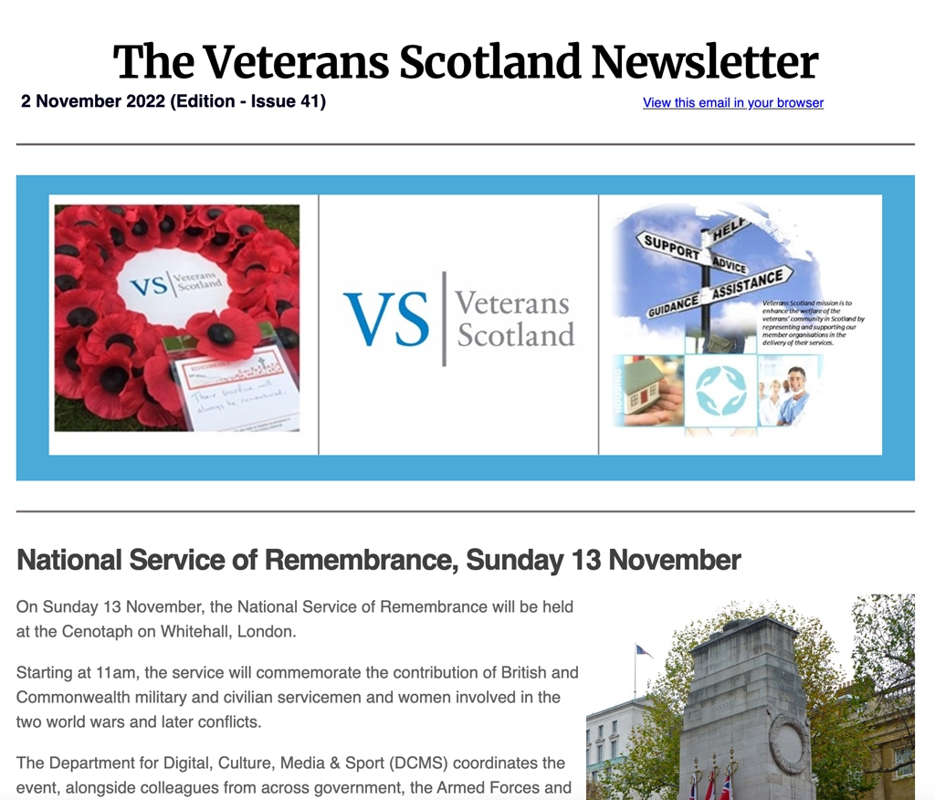 A screenshot of the latest issue of the Veterans Scotland e-newsletter featuring a story about the National Service of Remembrance