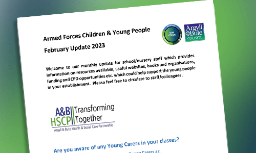 Cover, the February issue of the Argyll & Bute Armed Forces Children and Young People update