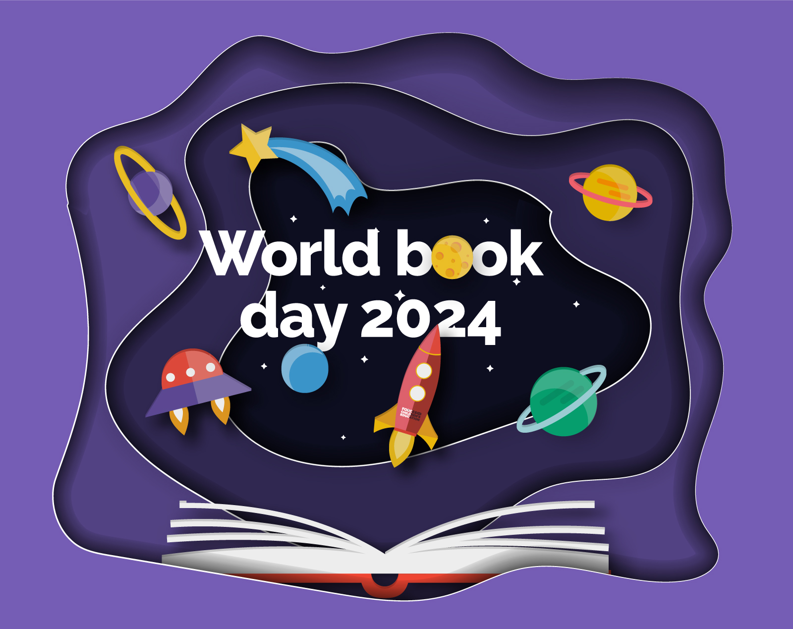 An illustration showing the universe with the words World Book Day 2024, coming out of an open book.