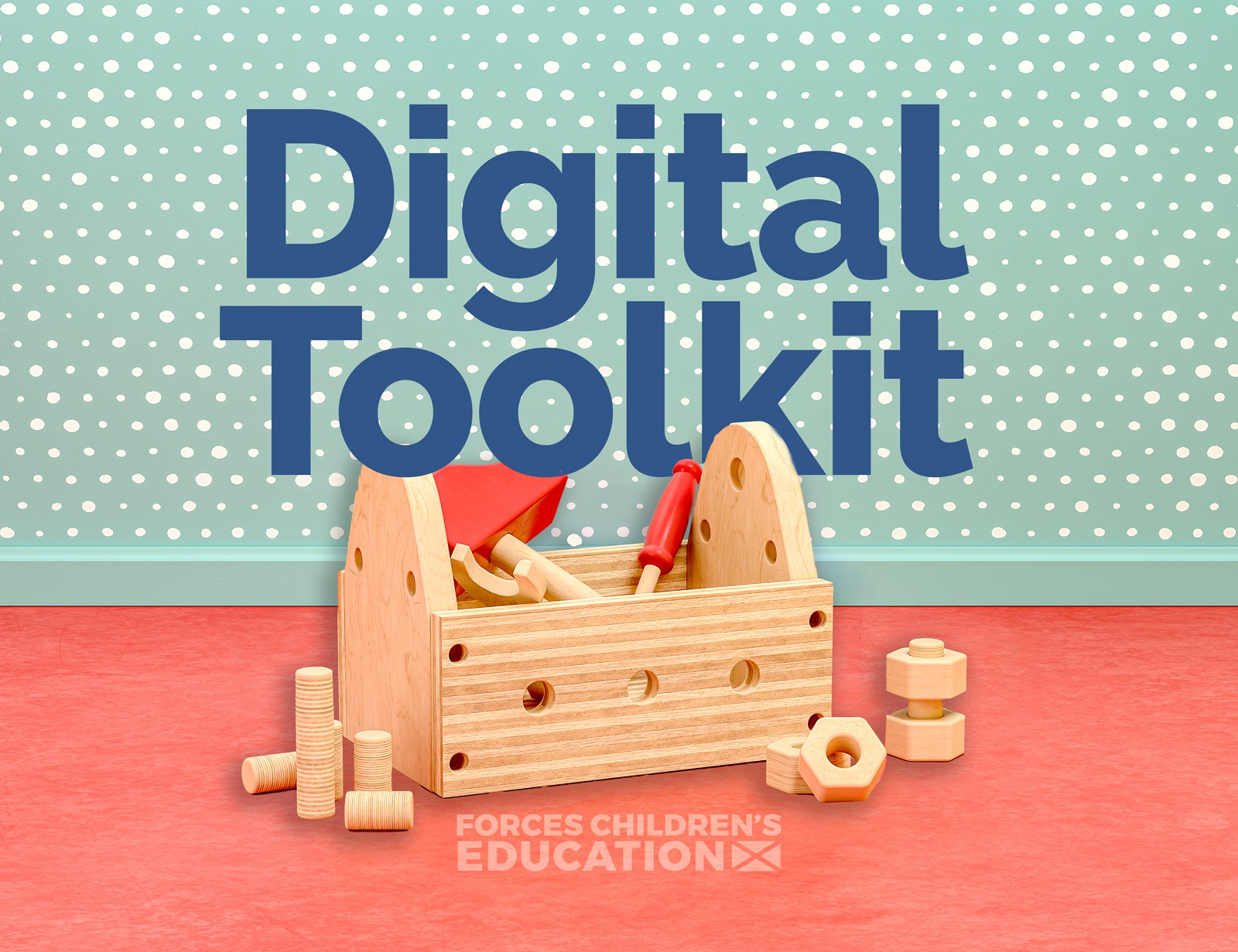 A kid's wooden toolkit with digital toolkit written above it.