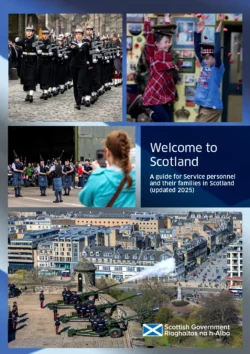 The cover of this year's Scottish Government welcome to Scotland guide with a montage showing military and family life in Scotland.