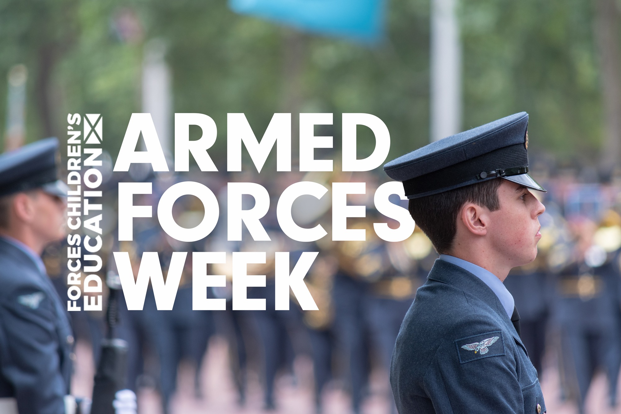 A still image from a Royal Air Force parade, with the words Armed Forces Week superimposed over the top.