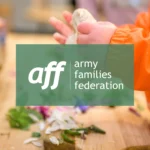 Army Families Federation logo over the top of an image of a small child baking