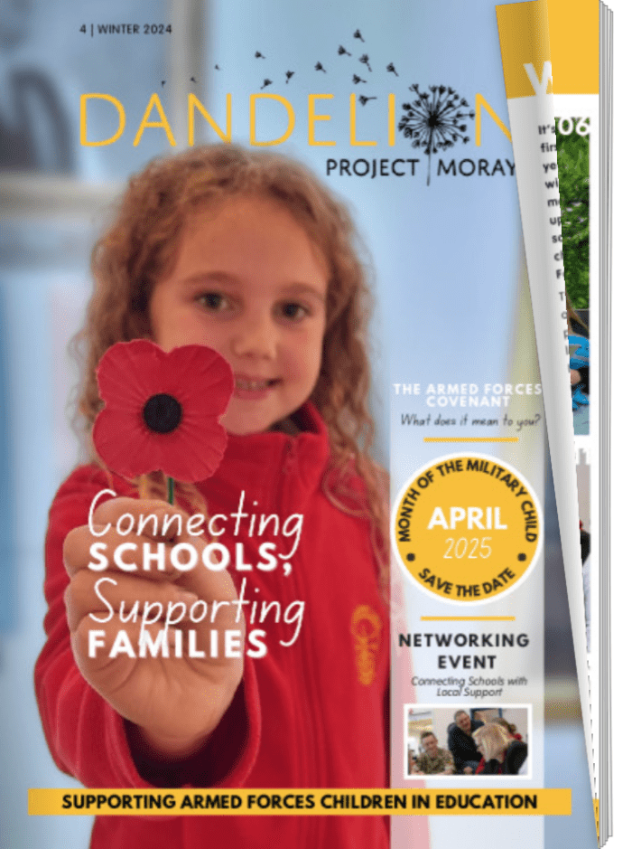 The front cover for the Dandelion Project Moray Newsletter Winter 2024, featuring a girl in a red jacket holding a poppy flower towards the camera. Short snippets of information are included on the cover about what's inside. Image courtesy of Moray Council's Dandelion Project.