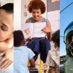 A montage of images of women, including a mother, teacher and pilot.