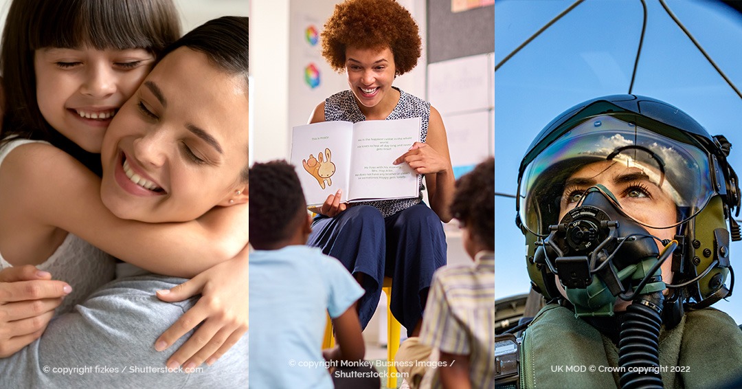 A montage of images of women, including a mother, teacher and pilot.