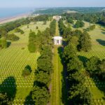 Aerial view of the Normandy American Cemetery and Memorial is a World War II cemetery and memorial in Colleville-sur-Mer, Normandy, France.