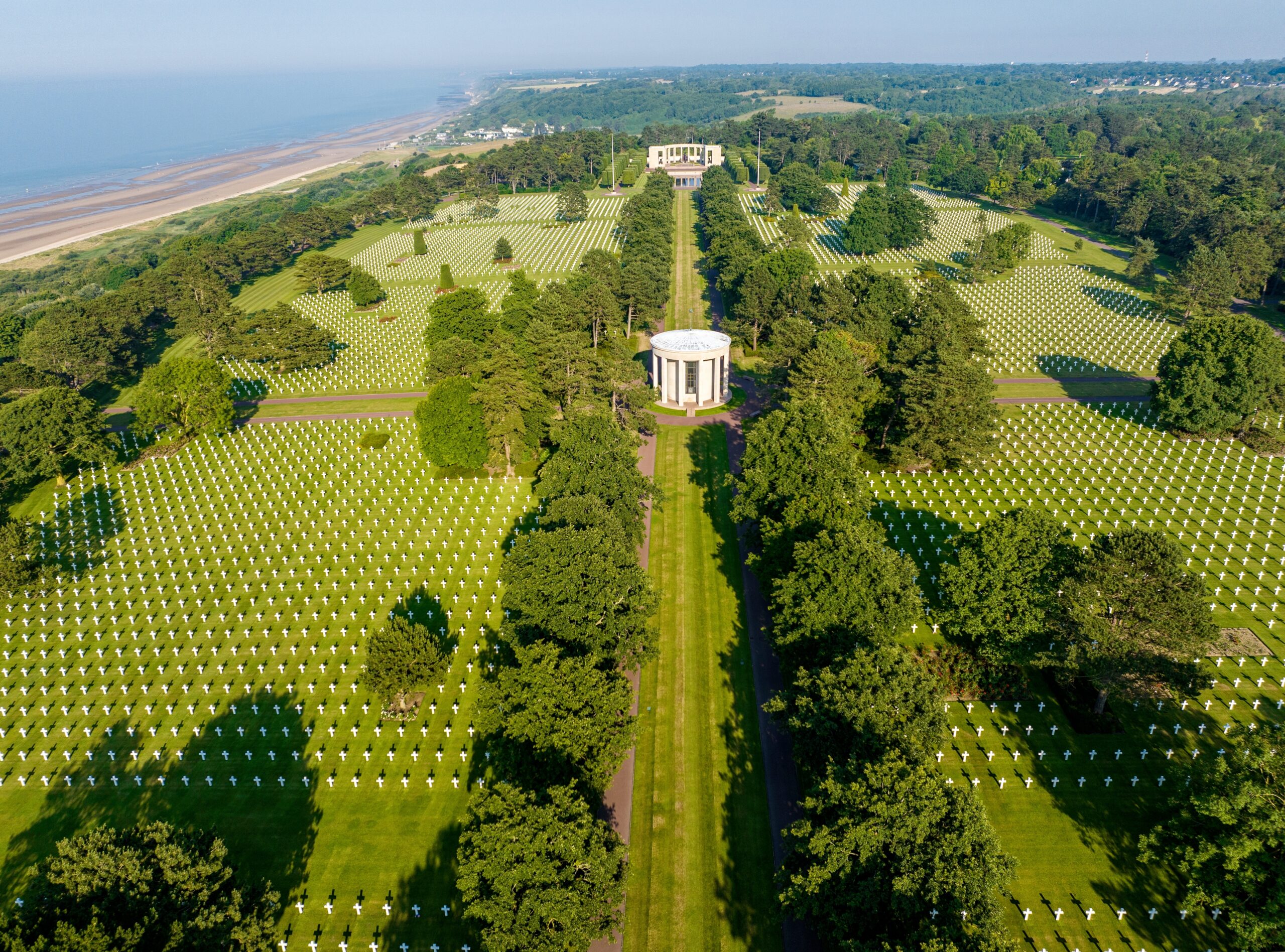Aerial view of the Normandy American Cemetery and Memorial is a World War II cemetery and memorial in Colleville-sur-Mer, Normandy, France.