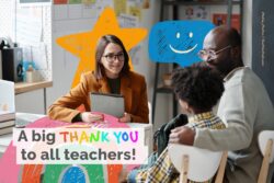 A teacher talks to a father and son at her desk. Colourful hand drawn icons surround them.