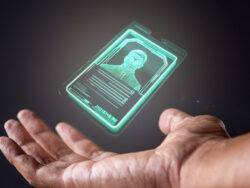 An illustration shows a hand outstretched with a digital ID card hovering above.