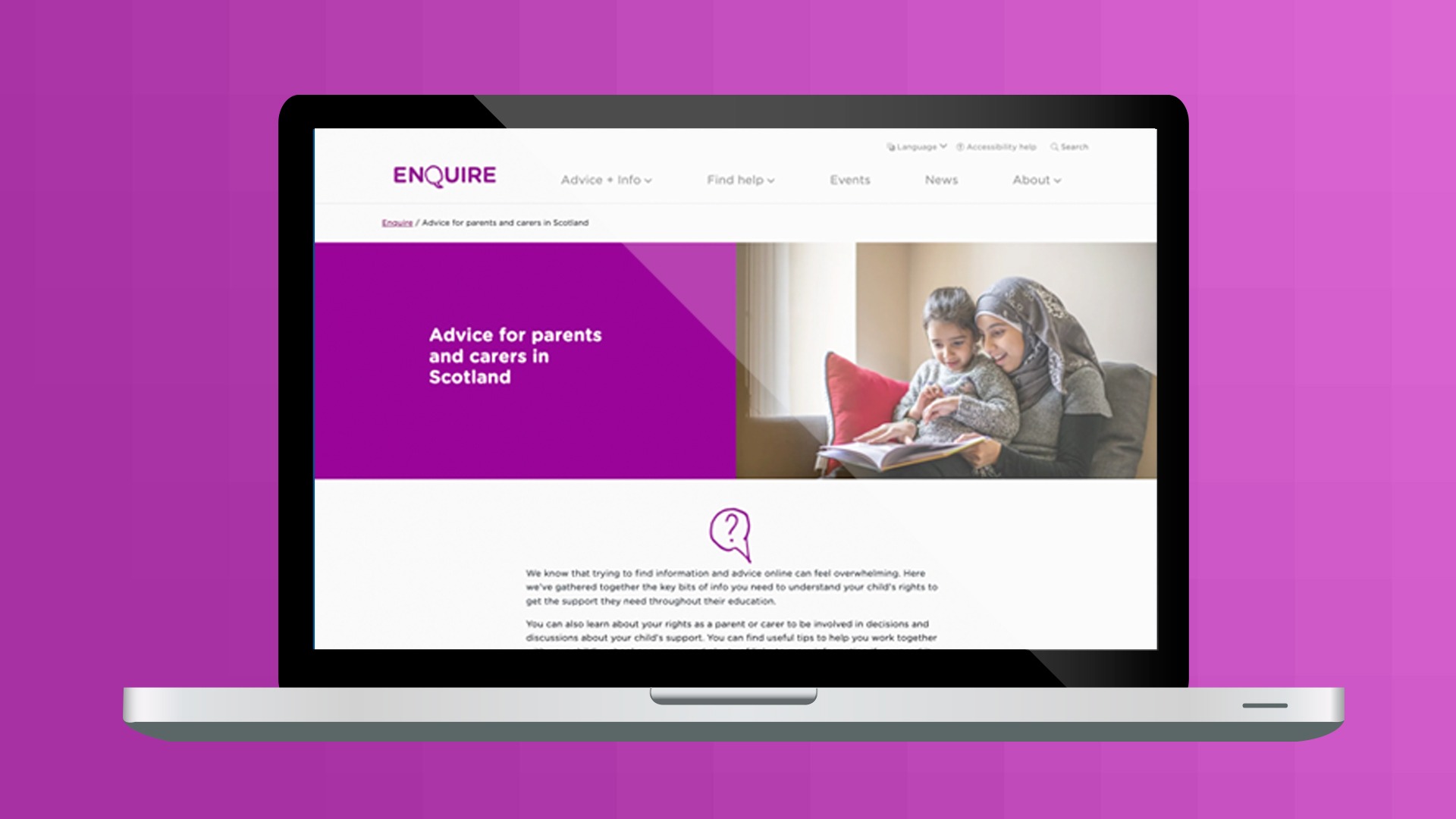 The Enquire website parents page is displayed on a laptop screen.