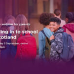 A poster gives details of the Enquire webinar over the top of an image of some secondary students walking into their school building. One is looking back and smiling at camera.
