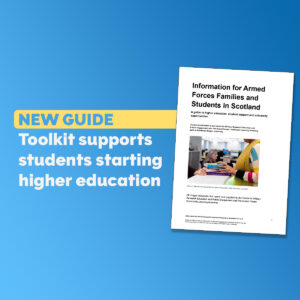 A poster shows a document cover beside text introducing a new guide supporting students starting higher education.