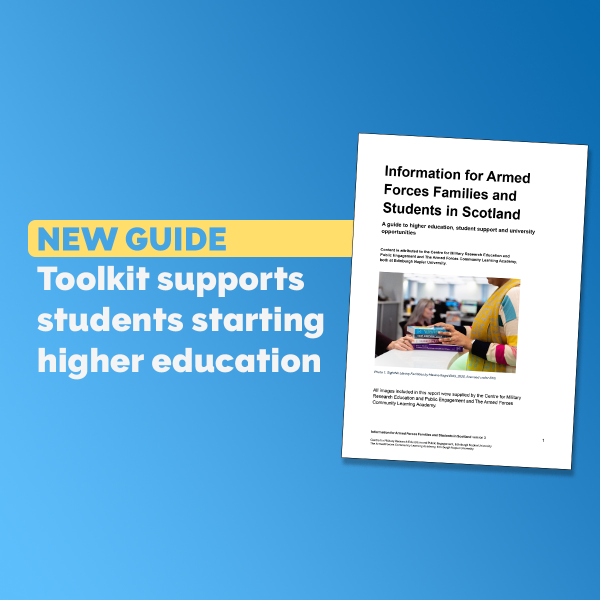A poster shows a document cover beside text introducing a new guide supporting students starting higher education.